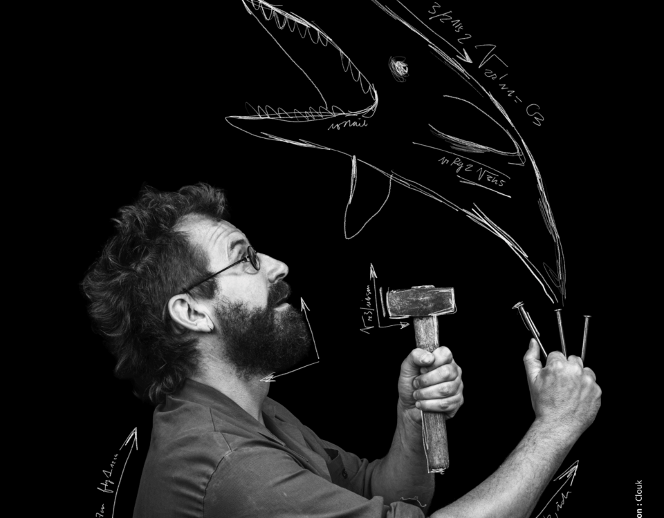 Affiche du spectacle quincaillerie illustrant un homme et une baleine sur un tableau noir